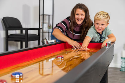 Hathaway Avenger 9 Ft Shuffleboard Table for Family Game Room – Poly-Coated Playfield, Built-in Scorer & Cabinet, Carpeted Gutters, 8 Pucks, Brush & Wax – Black Finish
