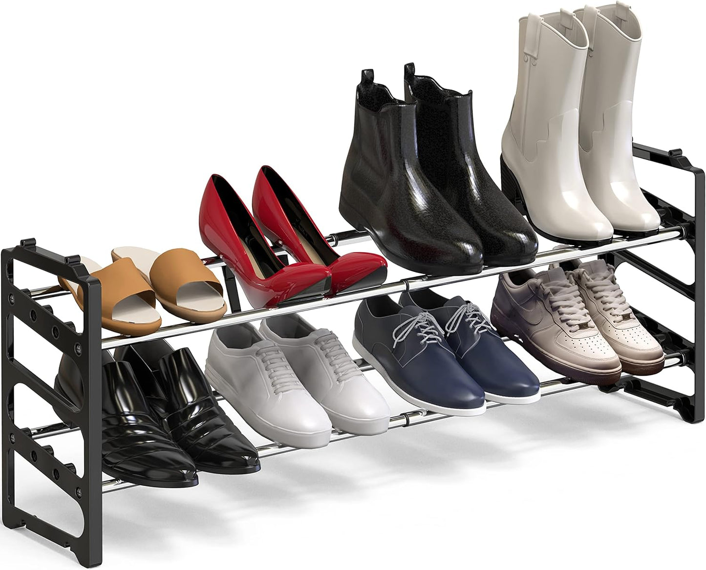 2-Tier (18''-34'') 8 Simple Houseware Expandable and Stackable Shoe Racks with Shelves for Pairs of Shoes, Black