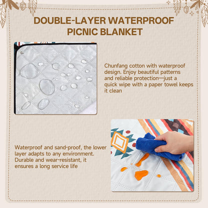 HAUSPROFI Extra Large Picnic Blanket 80"x80" – Waterproof Outdoor Mat for Beach, Camping, Park & Garden, Portable with Carry Strap & 4 Stakes, Machine Washable, Bohemian Pattern