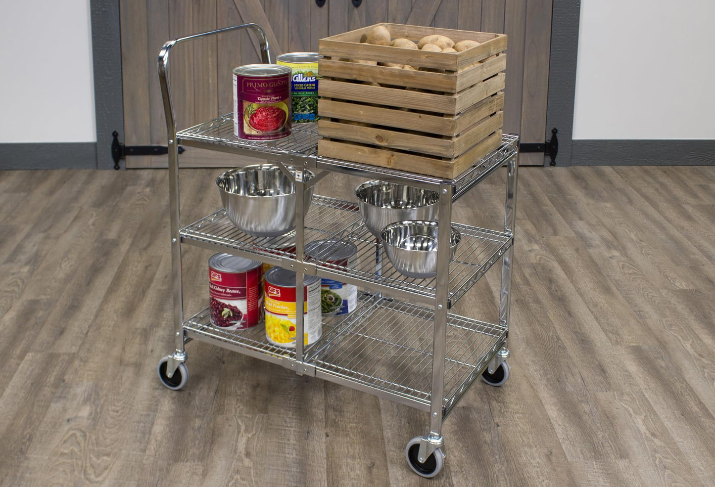 Luxor WSCC-3 Three-Shelf Collapsible Wire Utility Cart, Push Heavy Duty, 4" Thermoplastic Rubber Casters Two with Locking Brakes,Holds 300 lbs. and Folds Up for Storage, 37"W x 18.25"D x 30.5"H