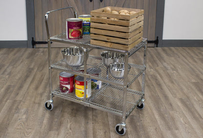 Luxor WSCC-3 Three-Shelf Collapsible Wire Utility Cart, Push Heavy Duty, 4" Thermoplastic Rubber Casters Two with Locking Brakes,Holds 300 lbs. and Folds Up for Storage, 37"W x 18.25"D x 30.5"H