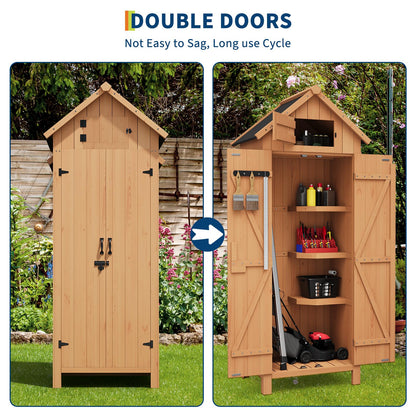 GarveeLife 70 in Outdoor Wooden Storage Shed Waterproof, Vertical Outdoor Storage Cabinet with 3 Shelves, Roof Storage & Lockable Door, Space-Saving Garden Tool Shed for Patio, Yard, Lawn