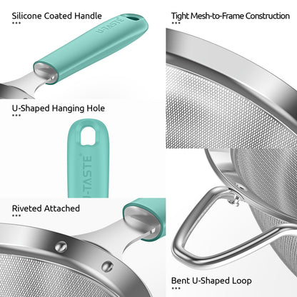 U-Taste Small Fine Mesh Strainer: 18/8 Stainless Steel 3.35in 30 Mesh Kitchen Food Sieve with Sturdy Riveted Silicone Handle, Heavy Duty Deep Handheld Metal Colander for Tea, Juice (Aqua Sky)