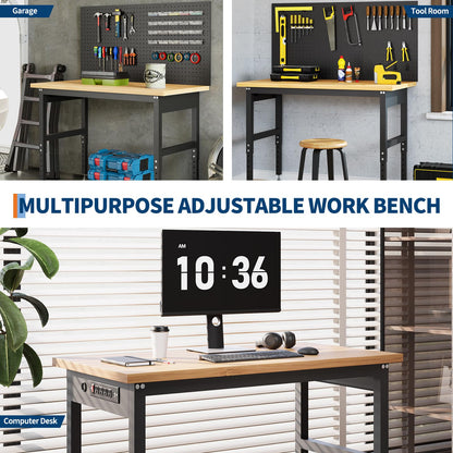 60" x 24" Bamboo Top Workbench with Drawer, Heavy-Duty Garage Work Bench, Adjustable Height Wood Work Table, Strong Construction for Workshop, DIY, and Home Office
