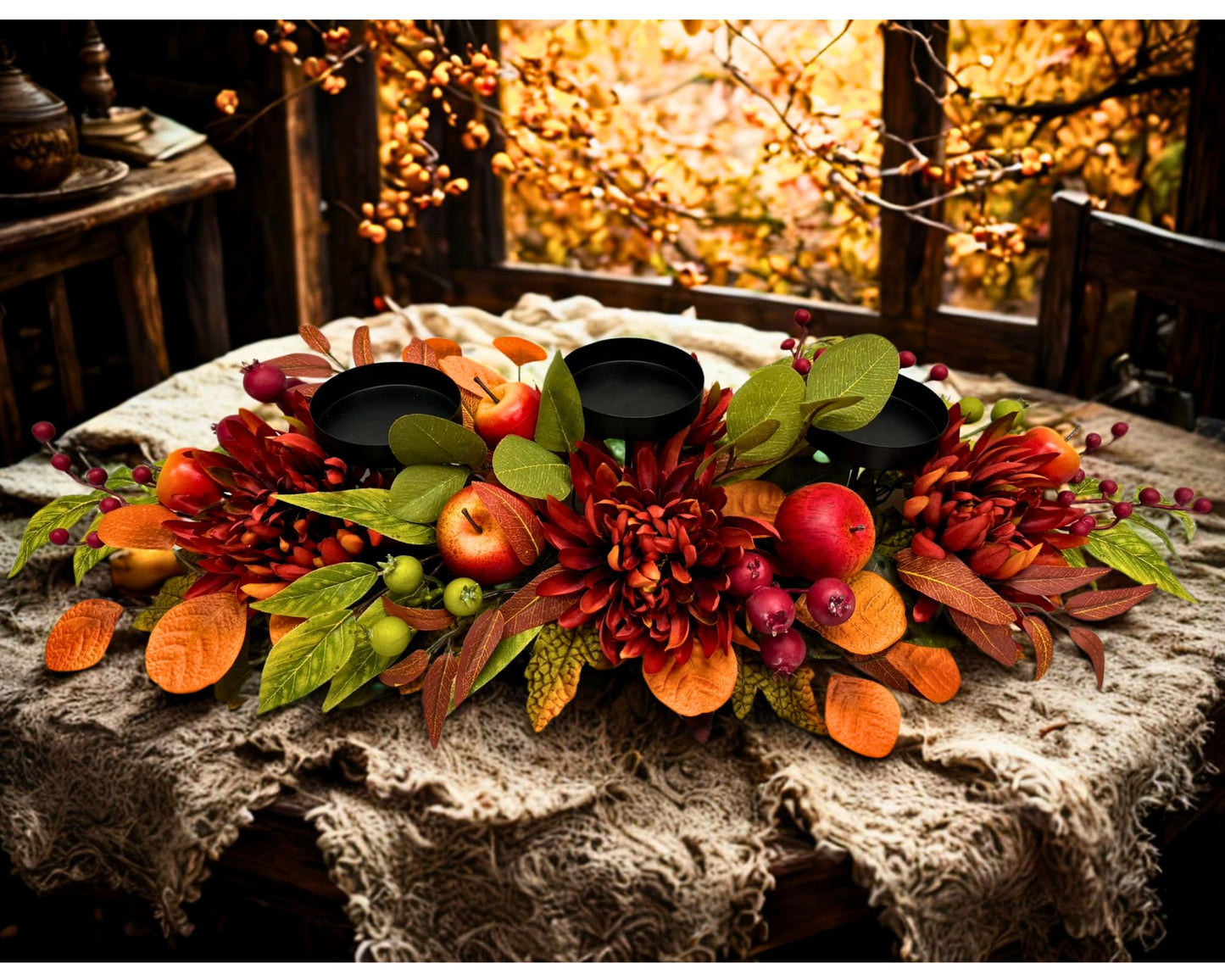 Svndlyn Fall Thanksgiving 3 Candle Holders Centerpiece Harvest Table Centerpiece Decor with Red Chrysanthemum Berries Apple Pomegranate Maple and Eucalyptus Leaves for Thanksgiving Autumn Harvest