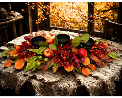 Svndlyn Fall Thanksgiving 3 Candle Holders Centerpiece Harvest Table Centerpiece Decor with Red Chrysanthemum Berries Apple Pomegranate Maple and Eucalyptus Leaves for Thanksgiving Autumn Harvest