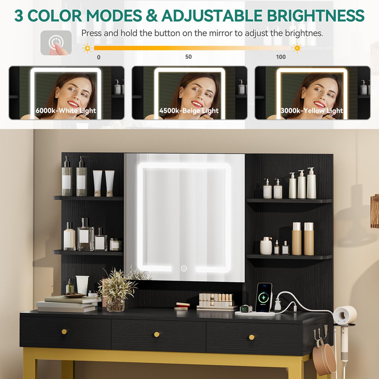 YITAHOME Vanity Desk Set with Mirror and Lights & Power Outlets, Makeup Table with 3 Adjustable Lighting Modes, Vanity Set with Open Shelves and Hidden Storage