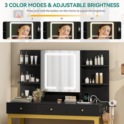 YITAHOME Vanity Desk Set with Mirror and Lights & Power Outlets, Makeup Table with 3 Adjustable Lighting Modes, Vanity Set with Open Shelves and Hidden Storage