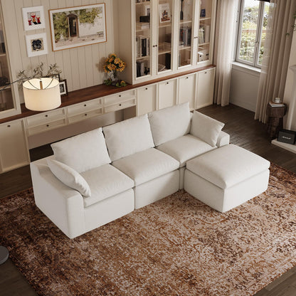 Novilla 104.3" Modular Cloud Couch, Modern Sectional Sofa with Smarts Coil® Support, Chenille Fabric, Upholstered Couch for Living Room Apartments Bedroom, No Assembly, 3 Seater + 1 Ottoman, White