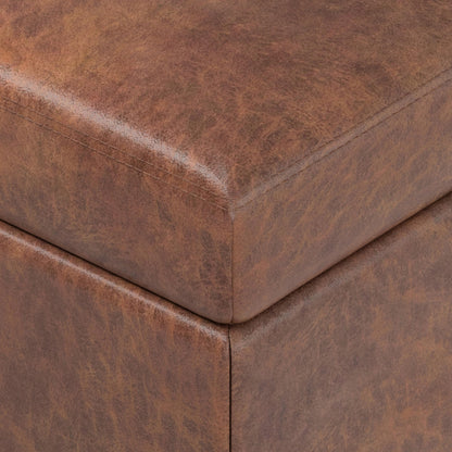 SIMPLIHOME Oregon Storage Ottoman Bench with Tray - 42 inch Wide Vegan Leather Rectangle Storage Ottoman Bench in Distressed Saddle Brown, Transitional Tufted Ottoman for Living Room with Lift-Up Lid