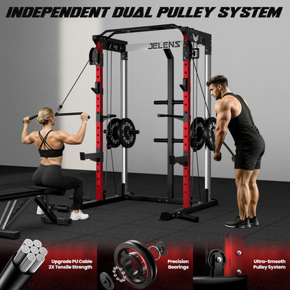 JELENS C21 Power Cage, 2000LBS Multi-Function Power Rack with Independent Dual Pulley System, All-in-One Squat Rack for Cable Crossover, Home Gym Workout Machine (Red, C21 Power Cage)