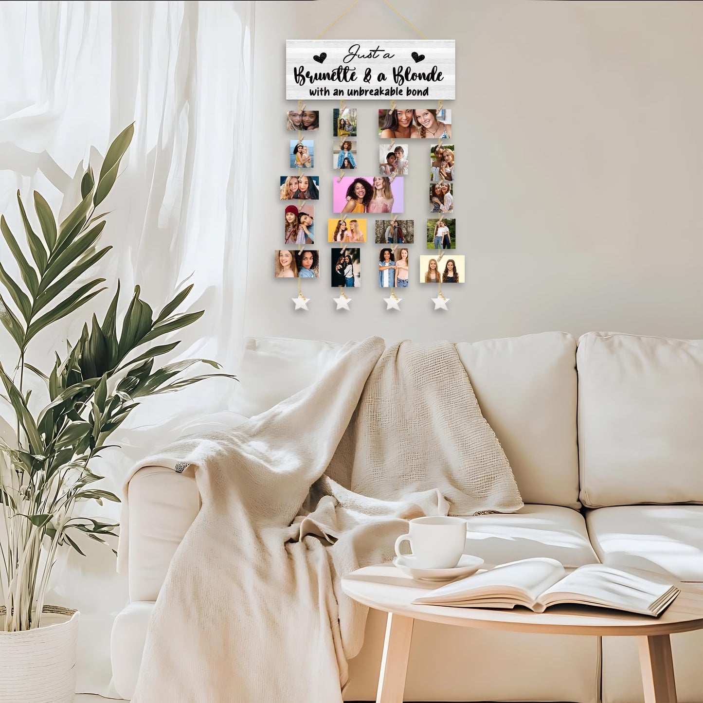QZQE Friends Gifts Picture Frames Collage Wall Decor, Friendship Gifts,Sister Gift, Just A Brunette and A Blonde with an Unbreakable Bond Hanging Photo Display with 30 Clips 5 Ropes, 15.7x5.1 Inches