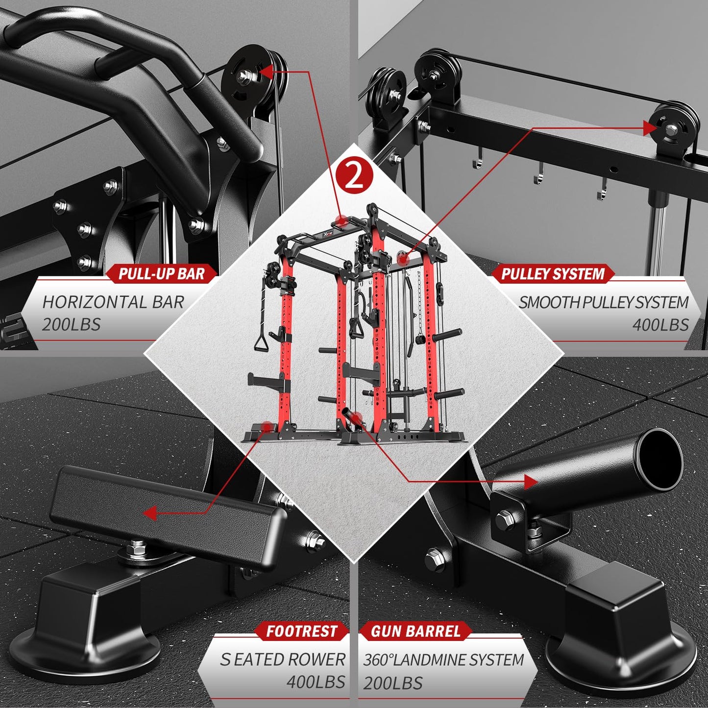 Power Rack Power Cage Multi-Function Squat Rack with Cable Crossover System Selectable More Training Attachment Power Rack for Garage & Home Gym (Red, D Set L02+Weight Bench+（Pole+Cast Iron） 248LBS)