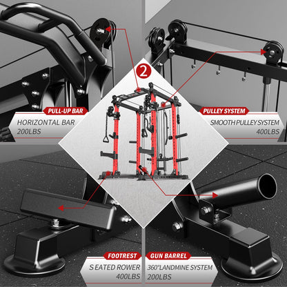 Power Rack Power Cage Multi-Function Squat Rack with Cable Crossover System Selectable More Training Attachment Power Rack for Garage & Home Gym (Red, D Set L02+Weight Bench+（Pole+Cast Iron） 248LBS)