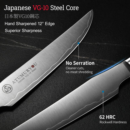 Steak Knives Set of 4, 5 inch Handcrafted Japanese VG10 Steel Kitchen Steak Knives, Non Serrated Meat Knife with Ergonomic Stabilized Wood Handle & Luxurious Wood Box, Cooking Gifts for Men Women