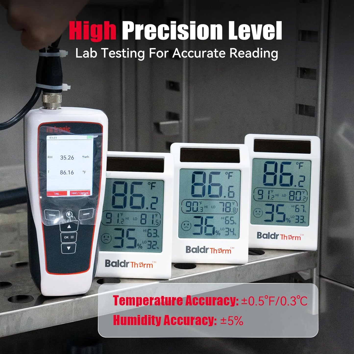 3.2'' 1Pack BaldrTherm Room Thermometer Indoor Humidity Meter, Solar-Powered Digital Temperature Sensor Monitor