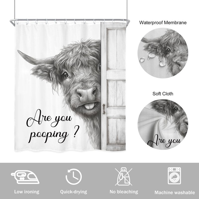 Newsely Funny Highland Cow Shower Curtain 60Wx72L Inch Black and White Rustic Farmhouse Wooden Door Bathroom Set Humorous are You Pooping Waterproof Bath Decoration Accessories Home Decor