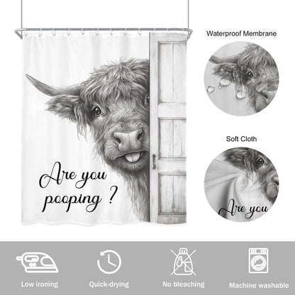 Newsely Funny Highland Cow Shower Curtain 60Wx72L Inch Black and White Rustic Farmhouse Wooden Door Bathroom Set Humorous are You Pooping Waterproof Bath Decoration Accessories Home Decor