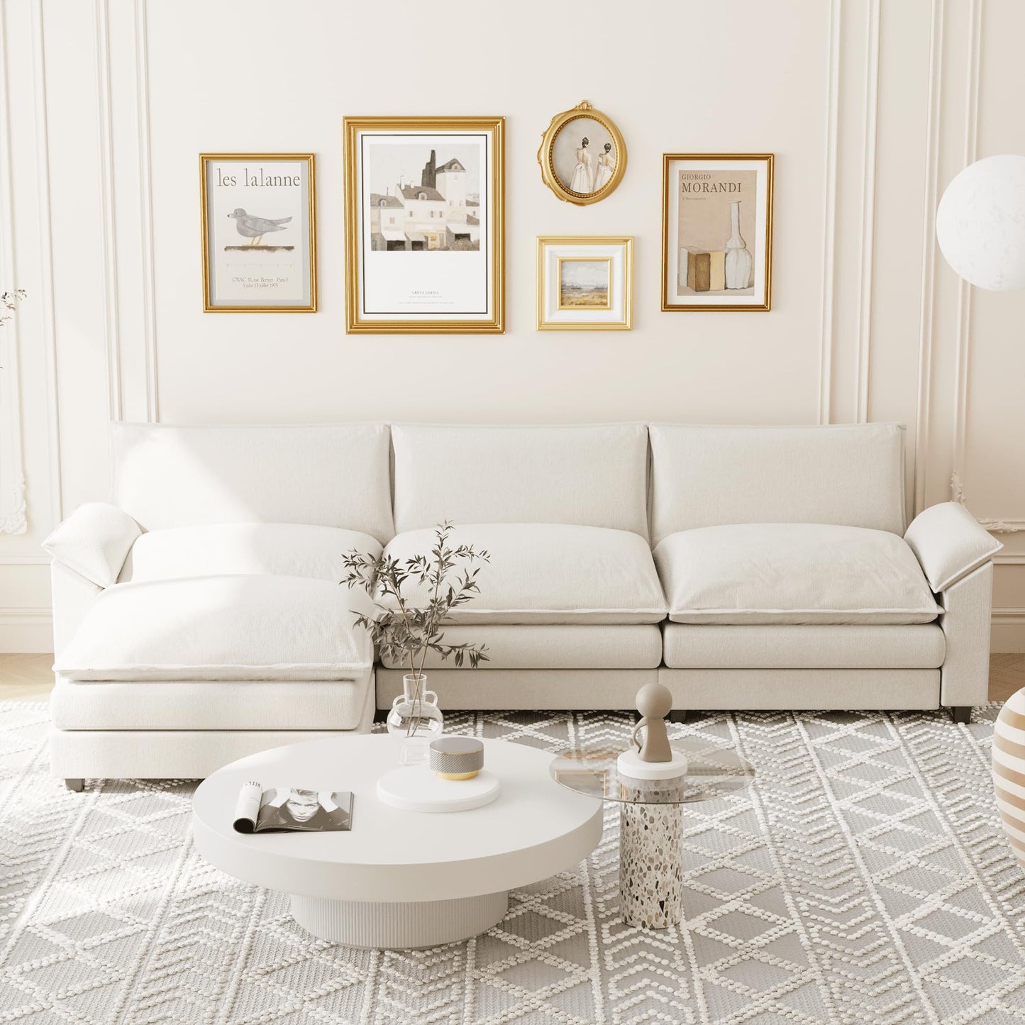 Shahoo Sectional Modular Sofa L Shaped Chenille Fabric Couch with High Supportive & Soft Sponges and Removable Ottoman, Sleeper Comfy Upholstered Furniture for Living Room, Bright Beige