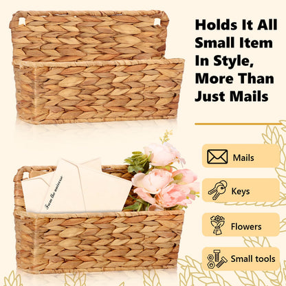 2 Pcs Woven Mail Holder Wall Mount Basket Rattan Wall Letter Holder Wicker Hanging Magazine Rack Water Hyacinth Magazine Basket 9.25x1.57 Inch Hanging Storage Basket with Hooks for Envelope Office