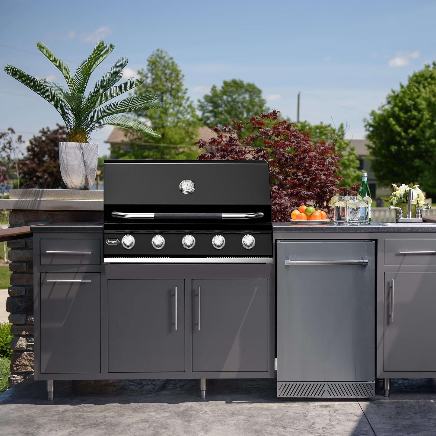 Hygrill STD Series 40-Inch Built In Grill for Liquid Propane, Stainless Steel Outdoor Kitchen 5-Burner Grill Head, Black