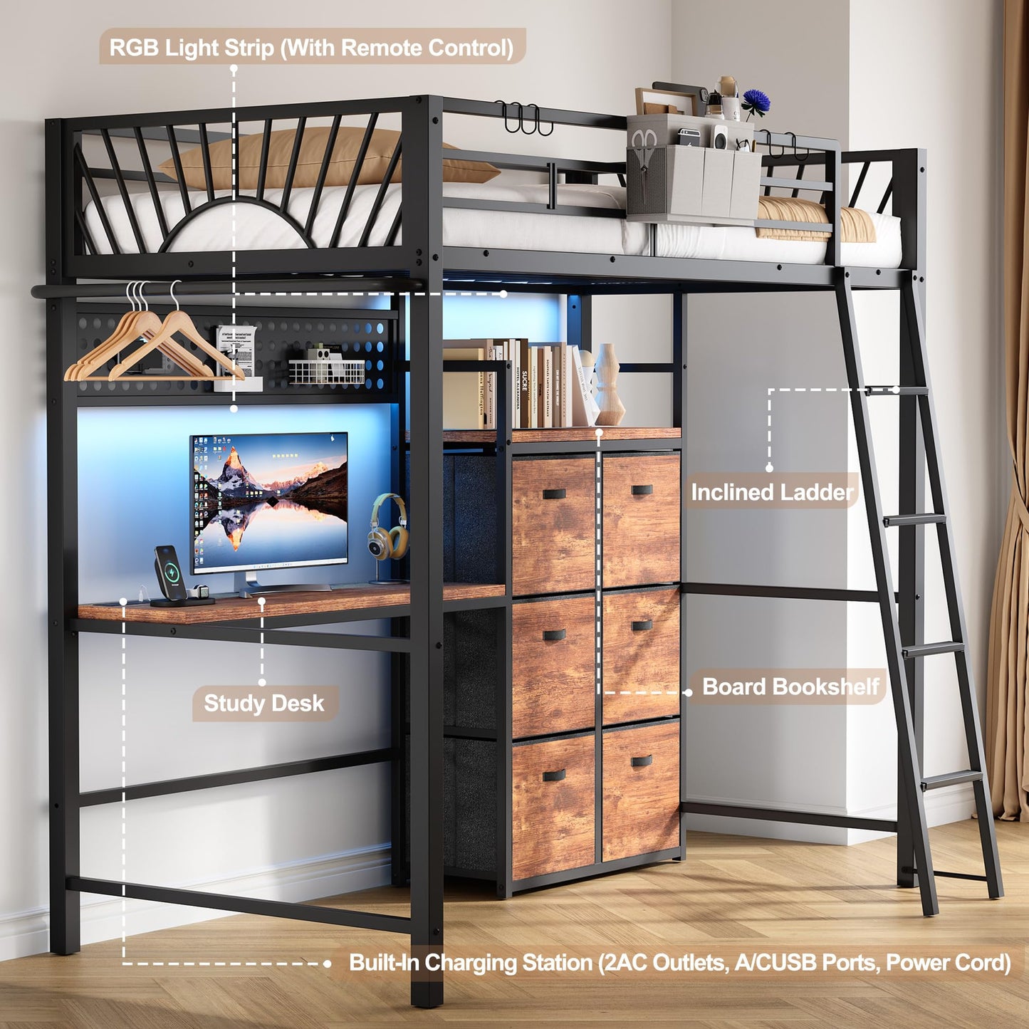 Decofy Twin Metal Loft Bed with Desk, 6 Storage Cabinet, LED Light Bunk Bed Frame Twin Size with Charging Station, No Box Spring Needed, Extra Wide Stair Treads&Safety Ladder, Hanging Rod&Guardrail