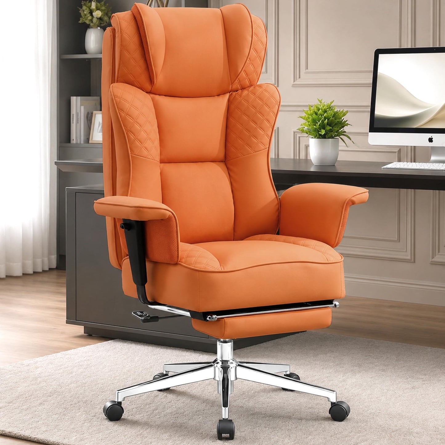 Office Desk Chair, High-Back Big and Tall Leather Chair with Footrest, Ergonomic Reclining Computer Chairs, Comfy Executive Wide Chair with Lumbar Support, Adjustable Padded Armrests, 400LBS (Organge)