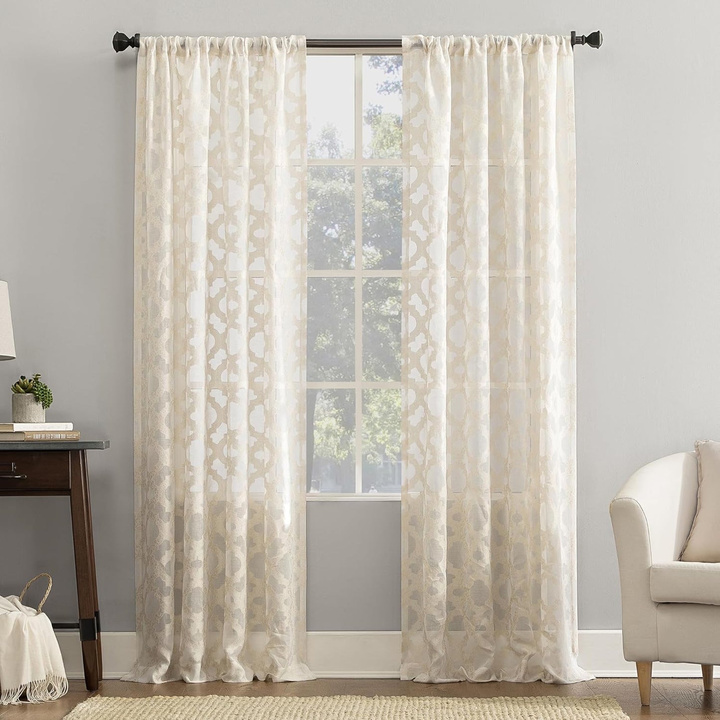 No. 918 Yvette Trellis Jacquard Sheer Curtain Panel, 52" x 84", Cream Off-White Rod Pocket
