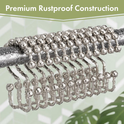 Amazer Shower Curtain Hooks - 12PCS Rust-Resistant Metal Double Rings for Easy Curtain Rolling | Nickel Finish