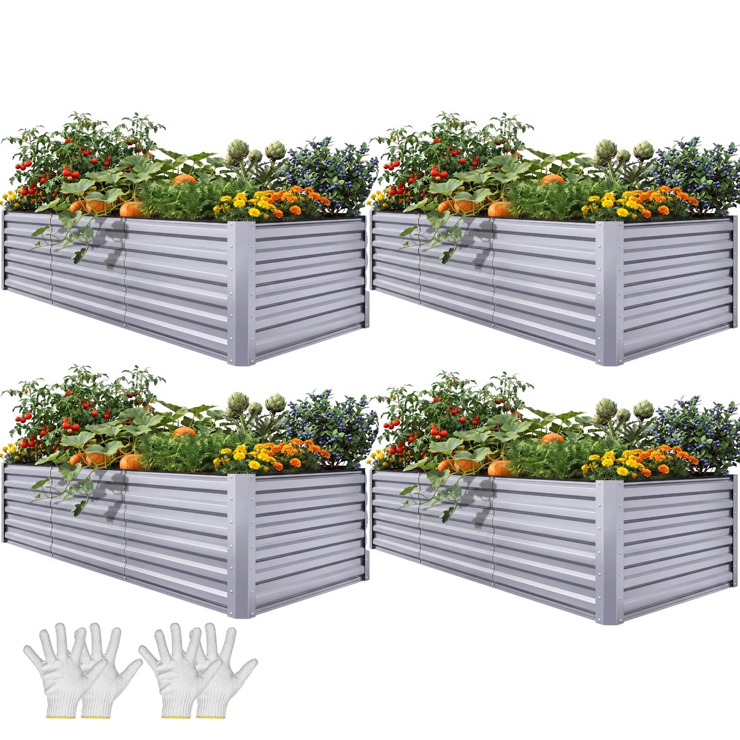 YITAHOME 8x4x2 ft 4pcs Galvanized Raised Garden Bed Kit, Large Metal Planter Box with Gloves, Safety Rubber & Support Rod, Outdoor Flower Bed for Plants Vegetables, Silver