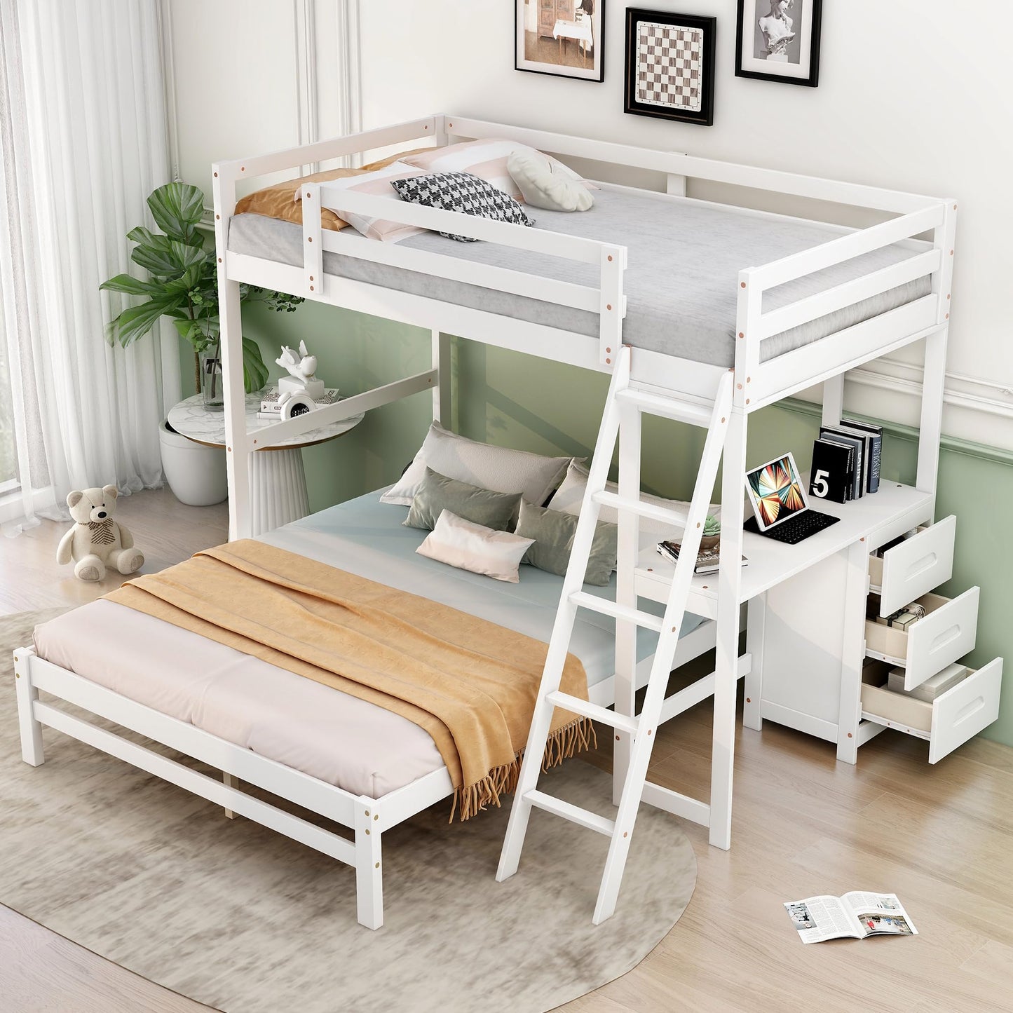 YOPTO Twin Over Full Bunk Bed with Built-in Desk and Three Drawers,Pine Wood Convertible Twin Over Full L-Shaped Loft Bunk Bed Frame for Kids Teens Adults,White