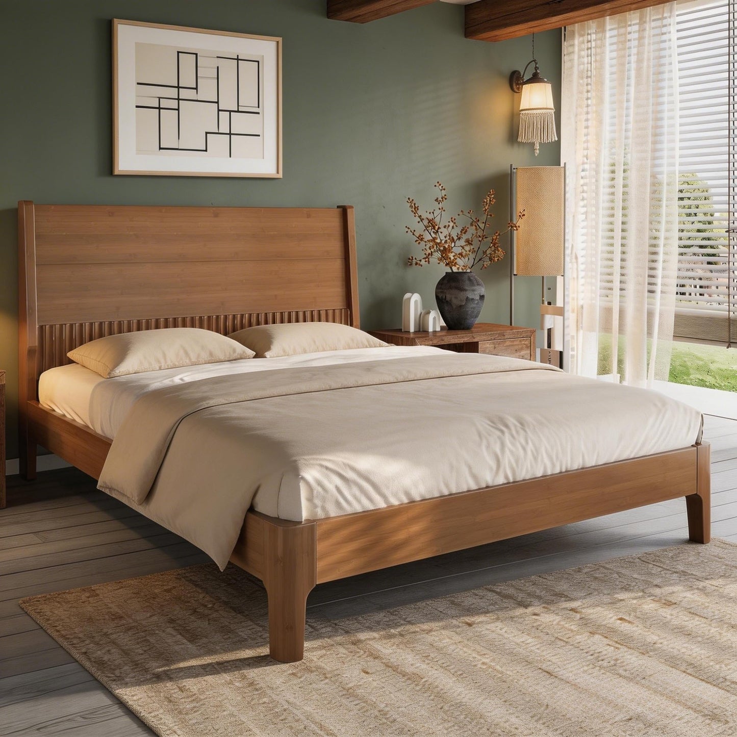 Full Size Platform Bed with Bamboo-made Structure, Mid-century Style Bedframe with Chic Design Headboard, Sustainable Bed Frame Full for Bedroom, No Box Spring Needed & Easy Assembly, Warm Brown