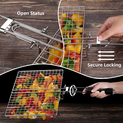 Portable Grill Basket, EISINLY BBQ Grilling Basket for Outdoor Grill with Removable Handle, Stainless Steel Camping Cooking Grill Accessories for Chicken Fish Vegetable