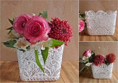 White Lace Flower Vase Pot Decor Holder - Small Square (4" W x 4" D x 4.5" H)