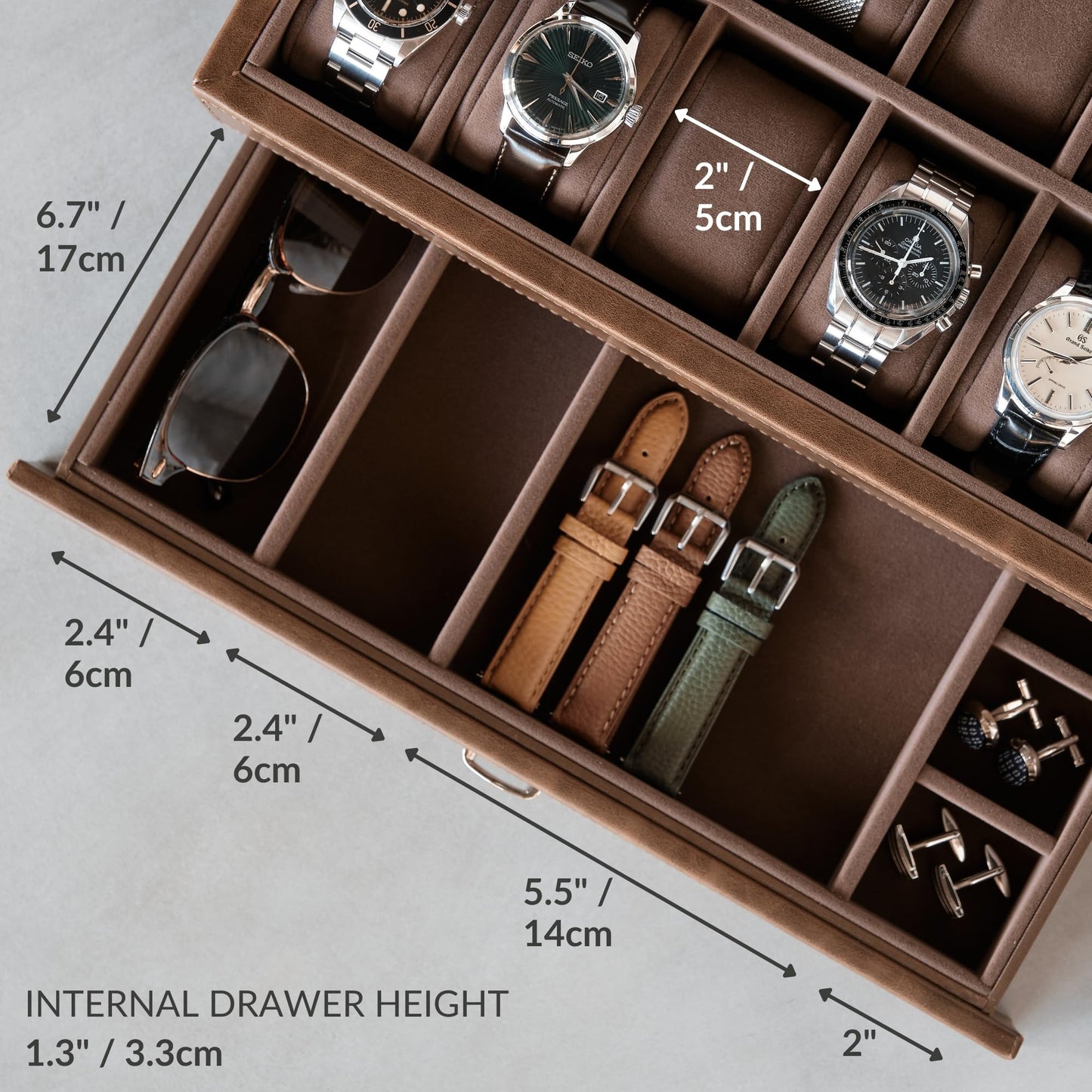 TAWBURY Bayswater 12 Slot Watch Box with Drawer (Brown) with a Set of 12 X-Small Pillows to Fit 5.5-6.5" Wrists