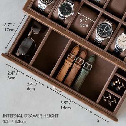 TAWBURY Bayswater 12 Slot Watch Box with Drawer (Brown) with a Set of 12 X-Small Pillows to Fit 5.5-6.5" Wrists