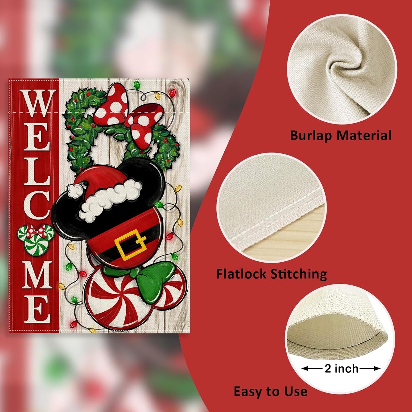 Welcome Christmas Mouse Santa Garden Flag - Xmas Peppermint Candy Wreath Ornament, Double Sided Winter Holiday Decor