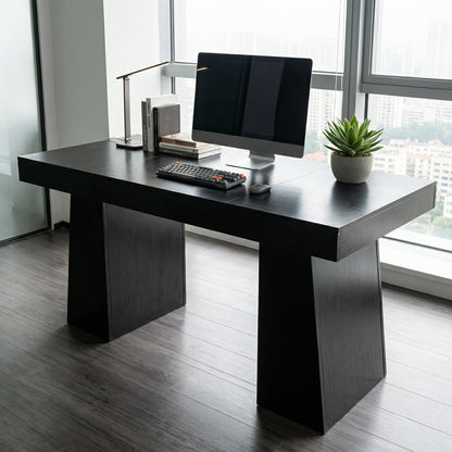 BouPower 55" Executive Desk, Wood Home Office Computer Desks with Double Trapezoid Pedestal, Mid-Century Modern Workstation Writing Table Conference Table Furniture, Black