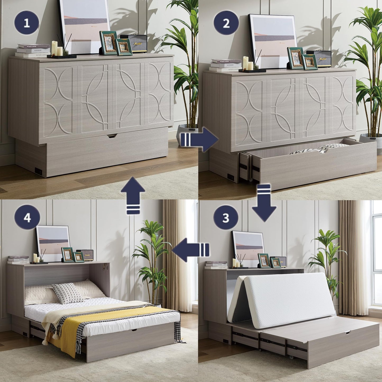 KEIKI Murphy Bed Cabinet Queen - Foldable Wall Bed with Foam Mattress, 2 Large Storage Drawers & USB Charging Station, Space Saving Furniture for Guest Room, Bedroom, Office, Living Room, Grey