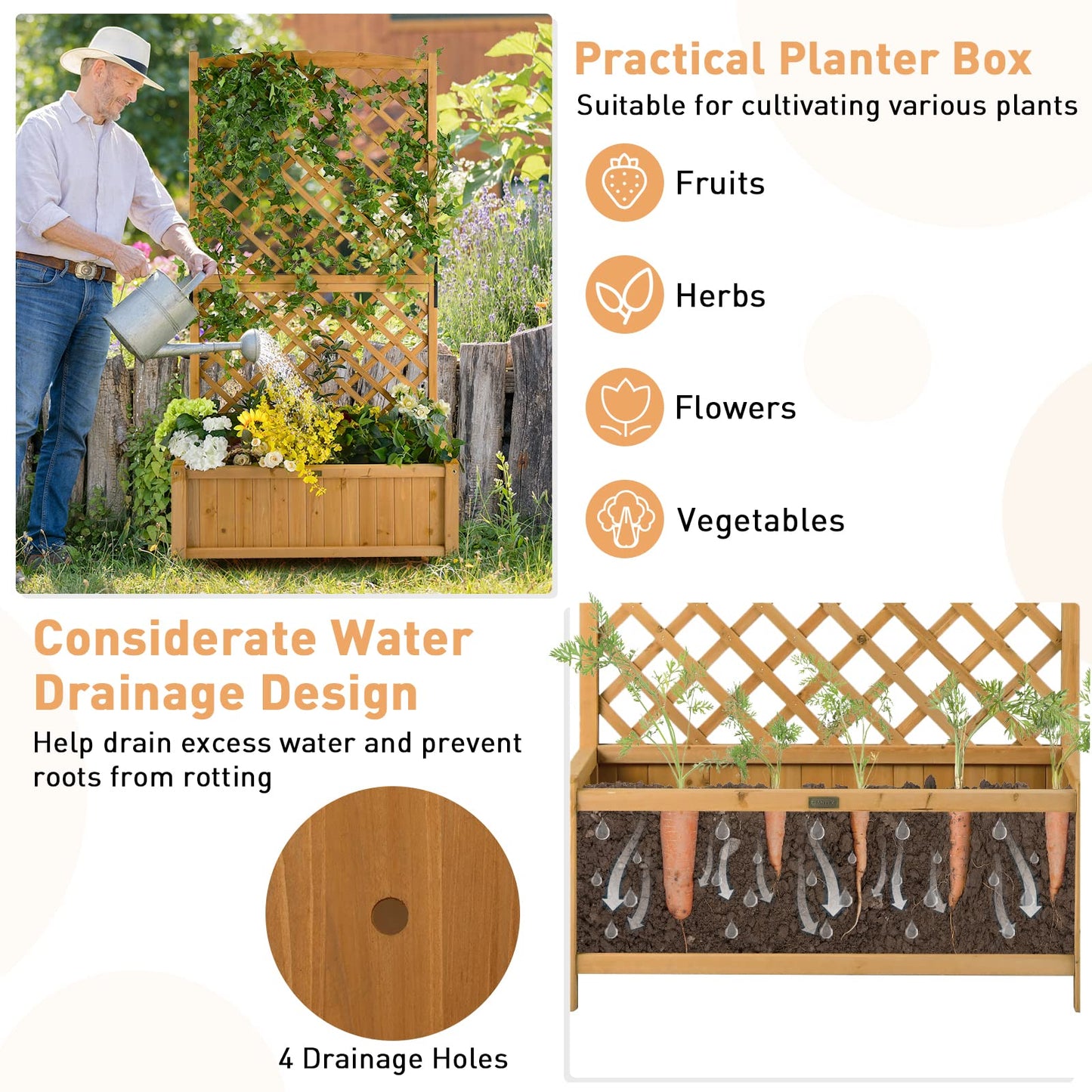 Giantex Raised Garden Bed with Trellis 2 Pack, 72'' Wooden Planter Box Outdoor w/Privacy Screen Roof, Large Vertical Garden Planter w/Drainage Holes for Climbing Plants, Patio Balcony Backyard