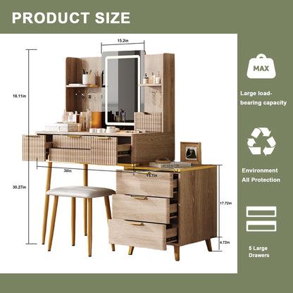 KEIKI 7-Drawer Vanity Desk with LED Mirror & Carved Details, Fluted Makeup Vanity Set with Metal Legs and PU Stool, Dressing Table with Jewelry Storage & 3 Lighting Colors for Bedroom, Yellow Brown