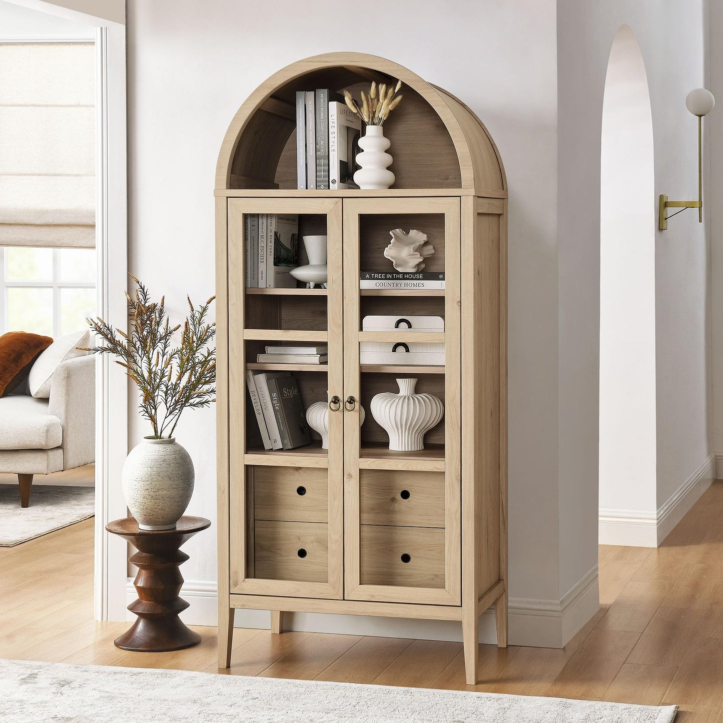 Modway Nolan Modern Farmhouse 71 Inch Tall Arched Storage Display Cabinet in Light Oak Wood Grain - 4-Tier Bookcase with Glass Doors and Shelves - Arch Accent Cabinet for Living Room
