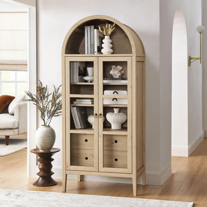 Modway Nolan Modern Farmhouse 71 Inch Tall Arched Storage Display Cabinet in Light Oak Wood Grain - 4-Tier Bookcase with Glass Doors and Shelves - Arch Accent Cabinet for Living Room