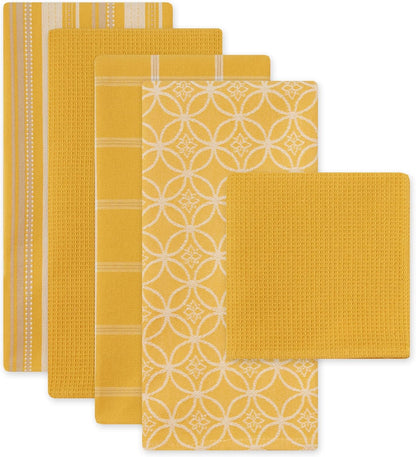 DII Assorted Woven Kitchen Set, 5 Piece - Dishtowel 18x28, Dishcloth 13x13, Mustard