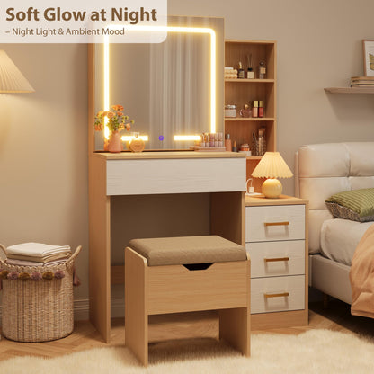 GarveeHome Makeup Vanity Desk with Sliding Mirror, Vanity Dressing Table with 3 Color Adjustable Lights, Girls Vanity Set with Stool, 4 Compact Vanity Drawers, Power Outlet, Natural
