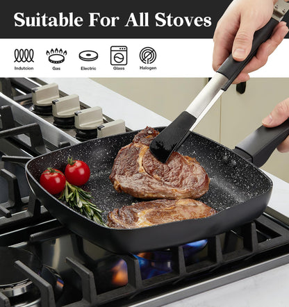 KOCH SYSTEME CS Nonstick Grill Pan 11 Inch, Marble Coating Square Grill Pan with Lid, Ultimate Nonstick Square Skillet with Bakelite Handle, Compatible with All Stovetops, Toxic-Free, 11 Inch