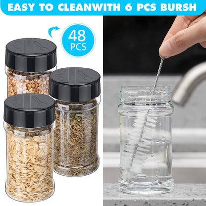 Mimorou 48 Pcs Clear Plastic Spice Jars Spice Bottles with Shaker Lids Plastic Seasoning Containers with Chalk Labels Chalk Marker Collapsible Funnel Brush Storage Containers for Kitchen Cabinet