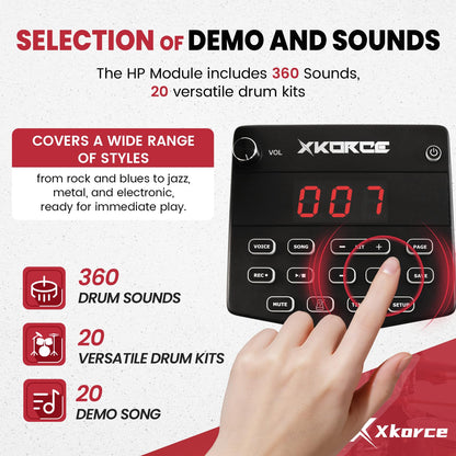 Xkorce Electronic Drum Set Electric Drum Kit with 4 Quiet Mesh Pads and 6" Kick Drum, 360 Sounds, Headphones, Sticks, Dual Bluetooth function, Suit for Beginner