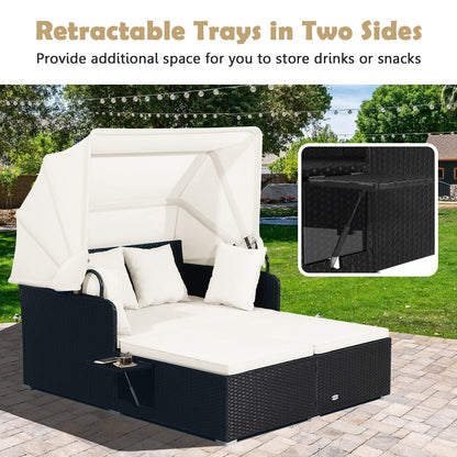 Tangkula Patio Rattan Daybed with Retractable Canopy, Outdoor Wicker Sunbed Lounger with 2 Foldable Side Tables, Thick Seat & Back Cushions, Double Daybed for Garden, Backyard, Porch (Off White)
