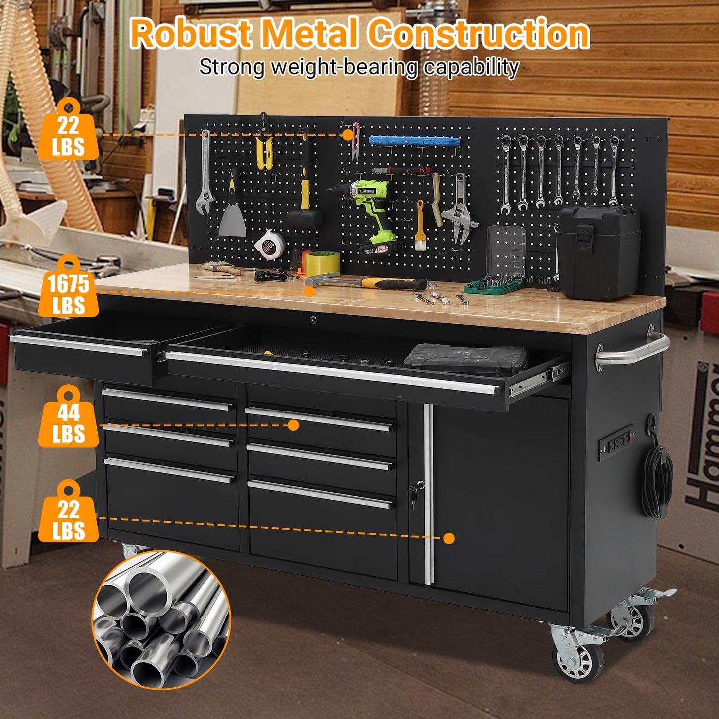 61 Inch Rolling Tool Chest with 10 Drawers, Rubber Wood Workbench Top, Anti-Fingerprint Steel, Lockable Wheels & Key Lock, Mobile Storage Cabinet Organizer for Garage & Workshop